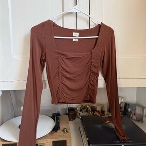 Wilfred Rust Brown Ruched Square Neck Long-Sleeve Crop Top